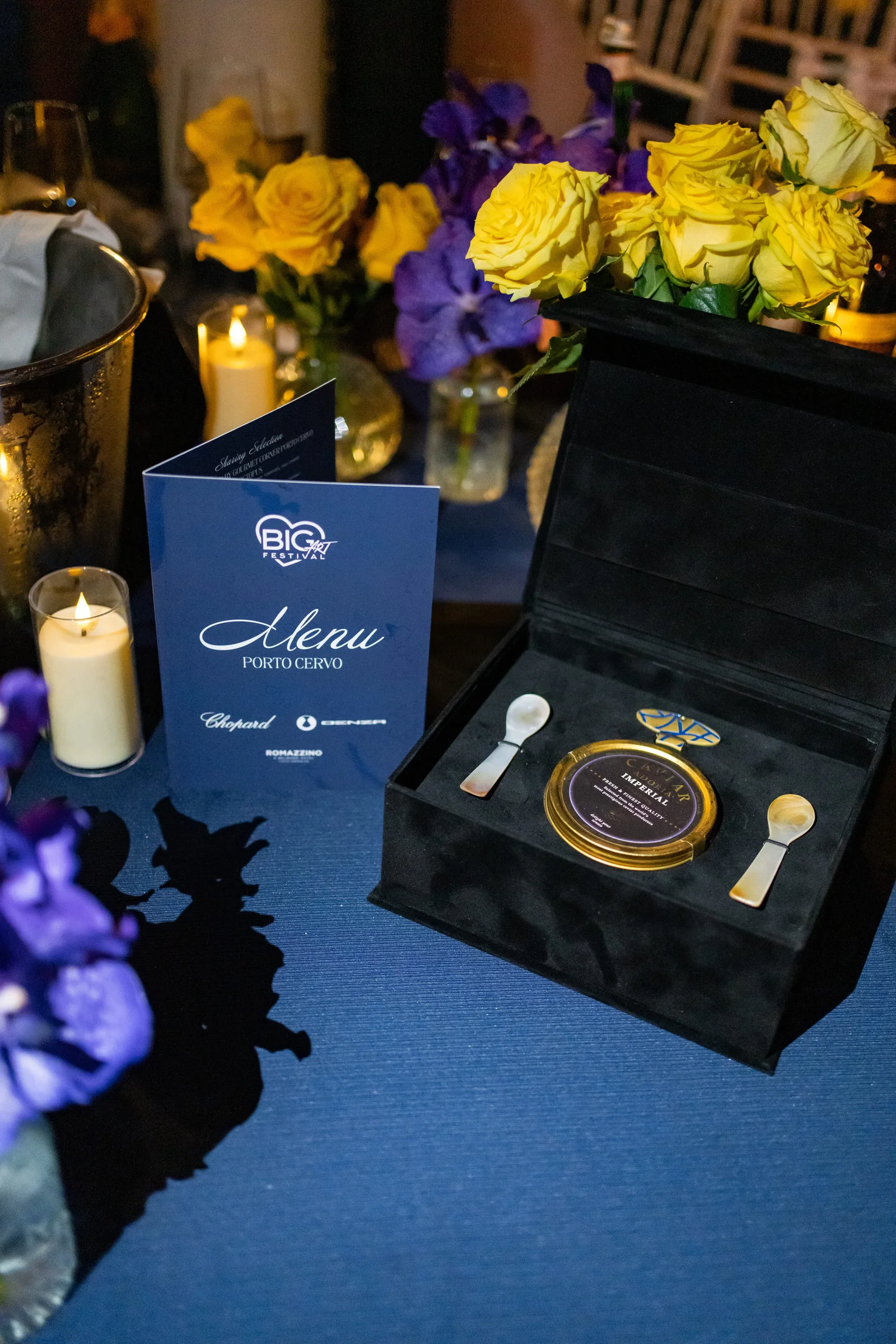 An Adoria Caviar Imperial selection presented beside the BIG ART Festival Porto Cervo menu