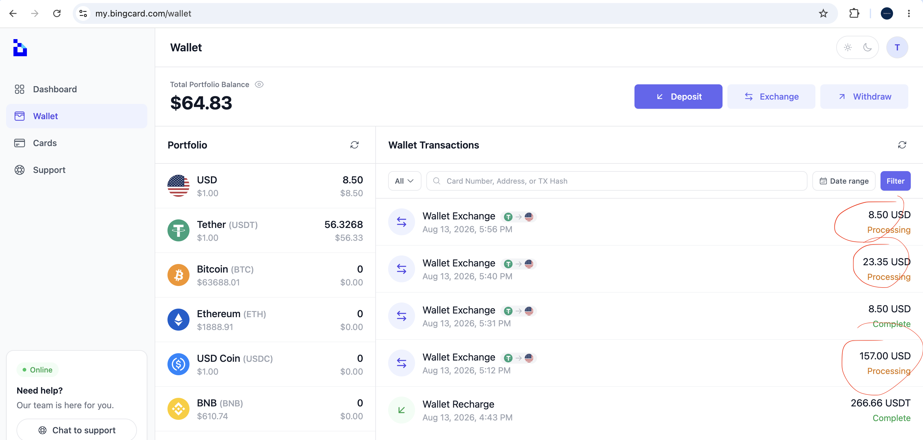 A BingCard wallet showing several currency-exchange transactions marked "Processing"